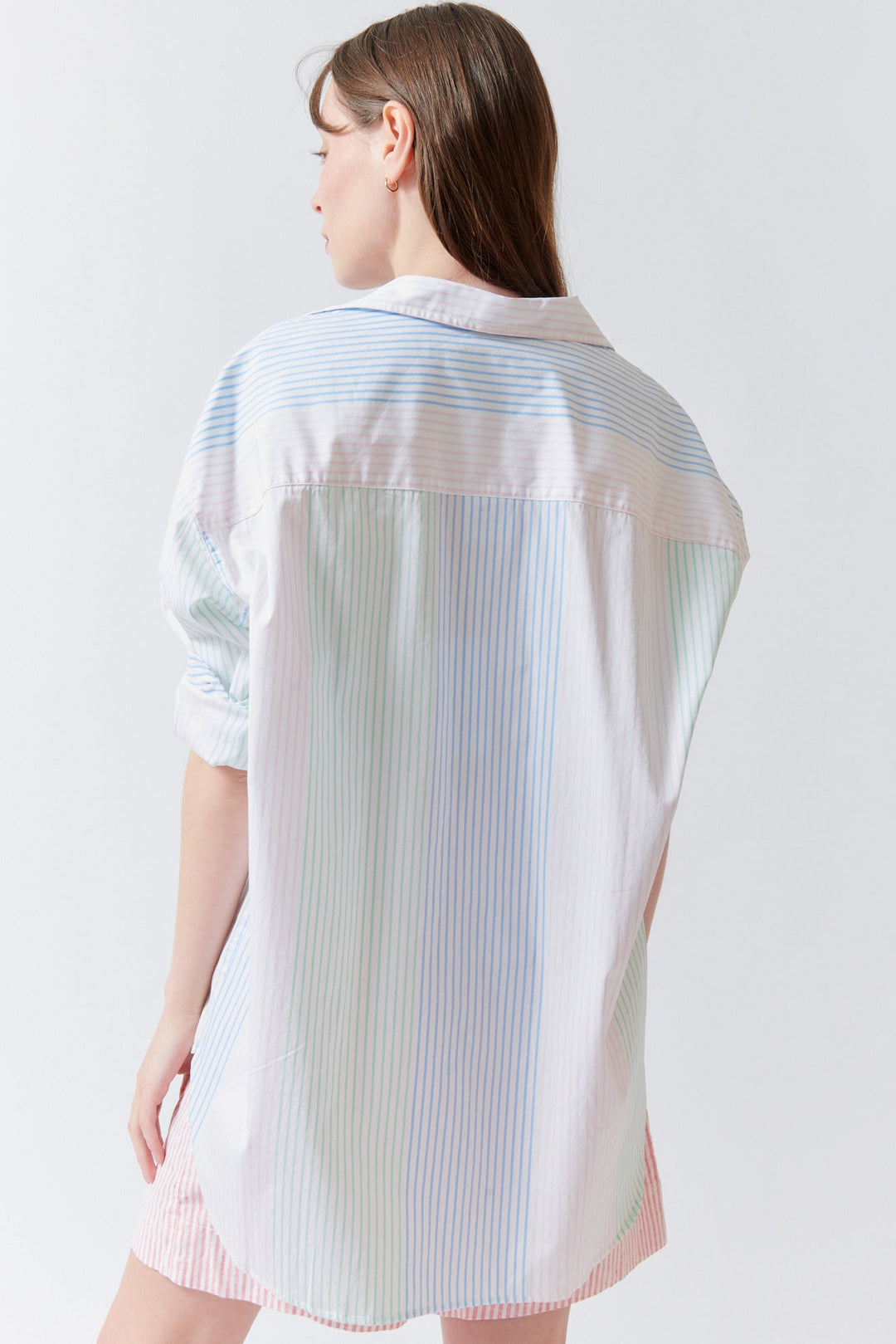 Angela wearing Frank & Eileen Shirley Oversized Button Up Shirt Thin Multicolor Stripe rear view