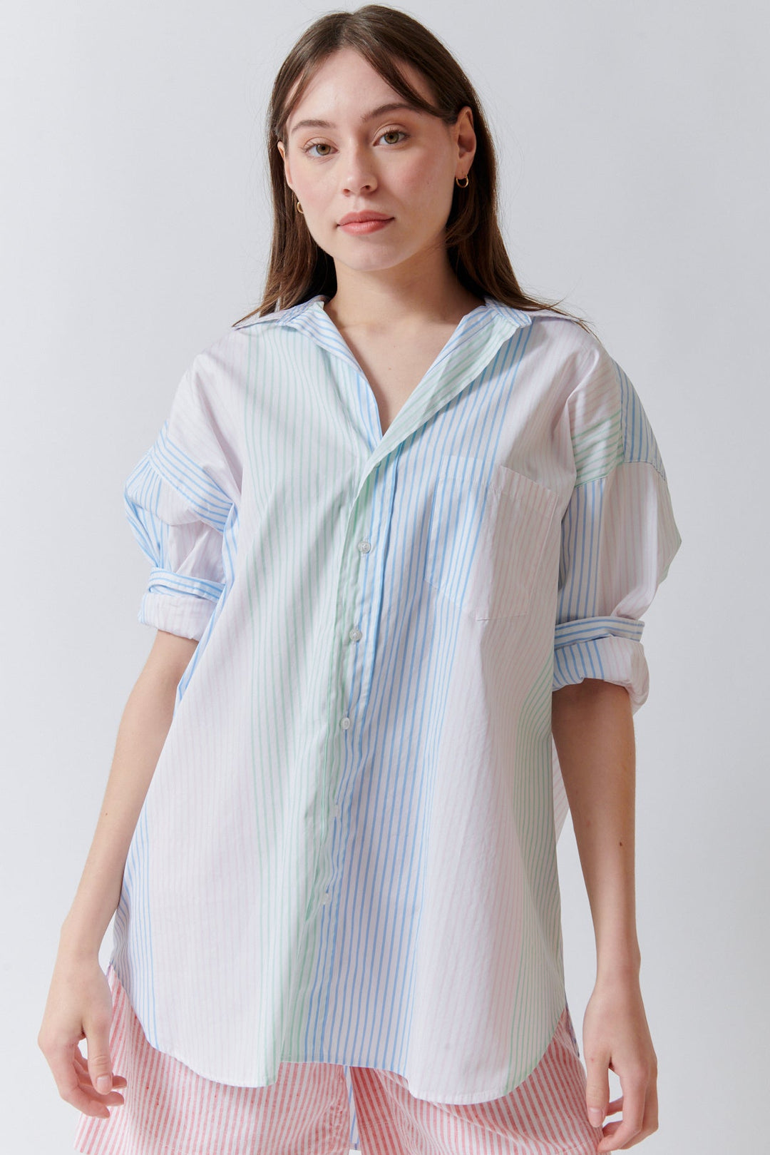 Angela wearing Frank & Eileen Shirley Oversized Button Up Shirt Thin Multicolor Stripe front view