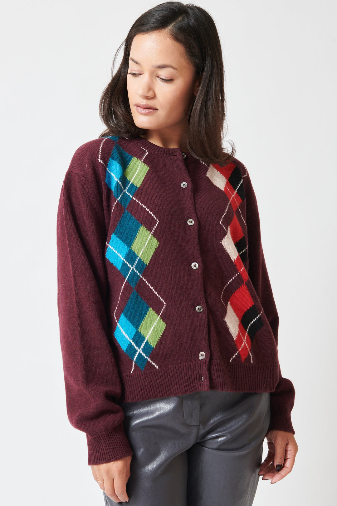 Amanda wearing Floor Natalie Cardigan front view