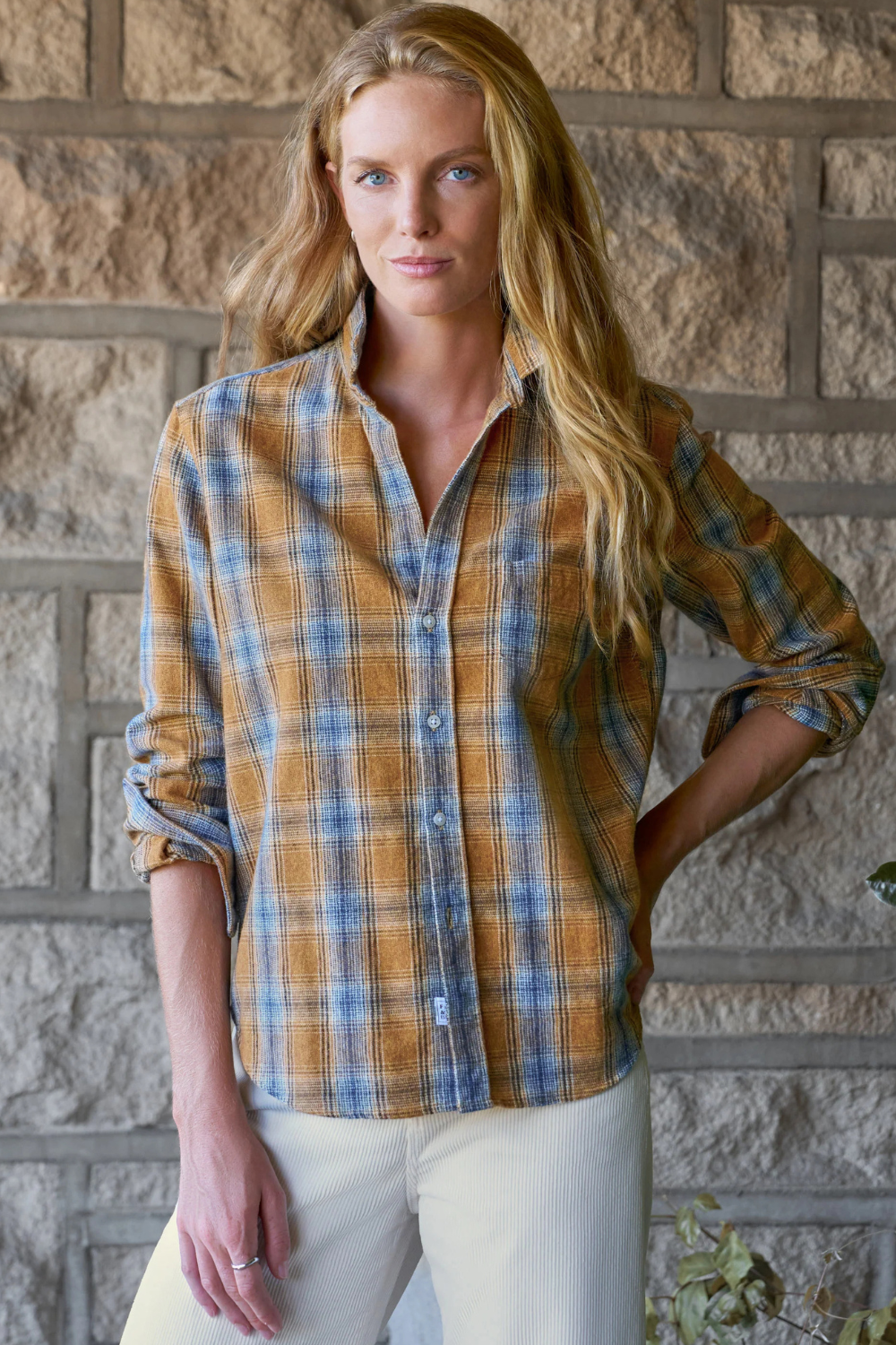 Model wearing Frank & Eileen Silvio Untuckable Button Up Shirt Gold Blue Large Plaid front view