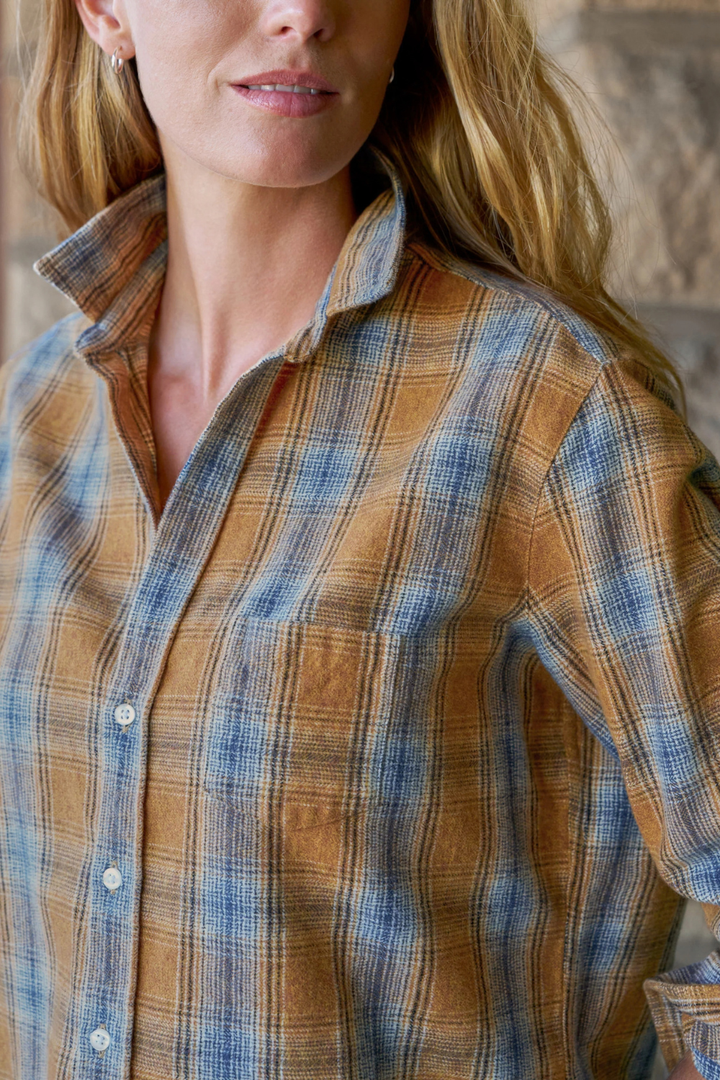 Model wearing Frank & Eileen Silvio Untuckable Button Up Shirt Gold Blue Large Plaid front/detail view