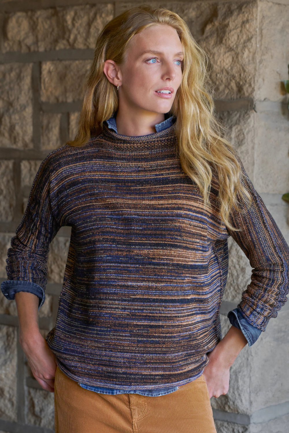 Model wearing Frank & Eileen Monterey Rolled Neck Sweater Harvest front view