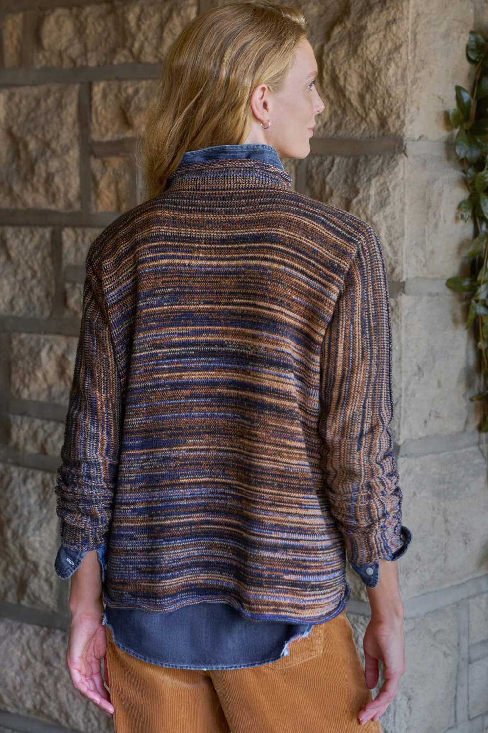 Model wearing Frank & Eileen Monterey Rolled Neck Sweater Harvest rear view