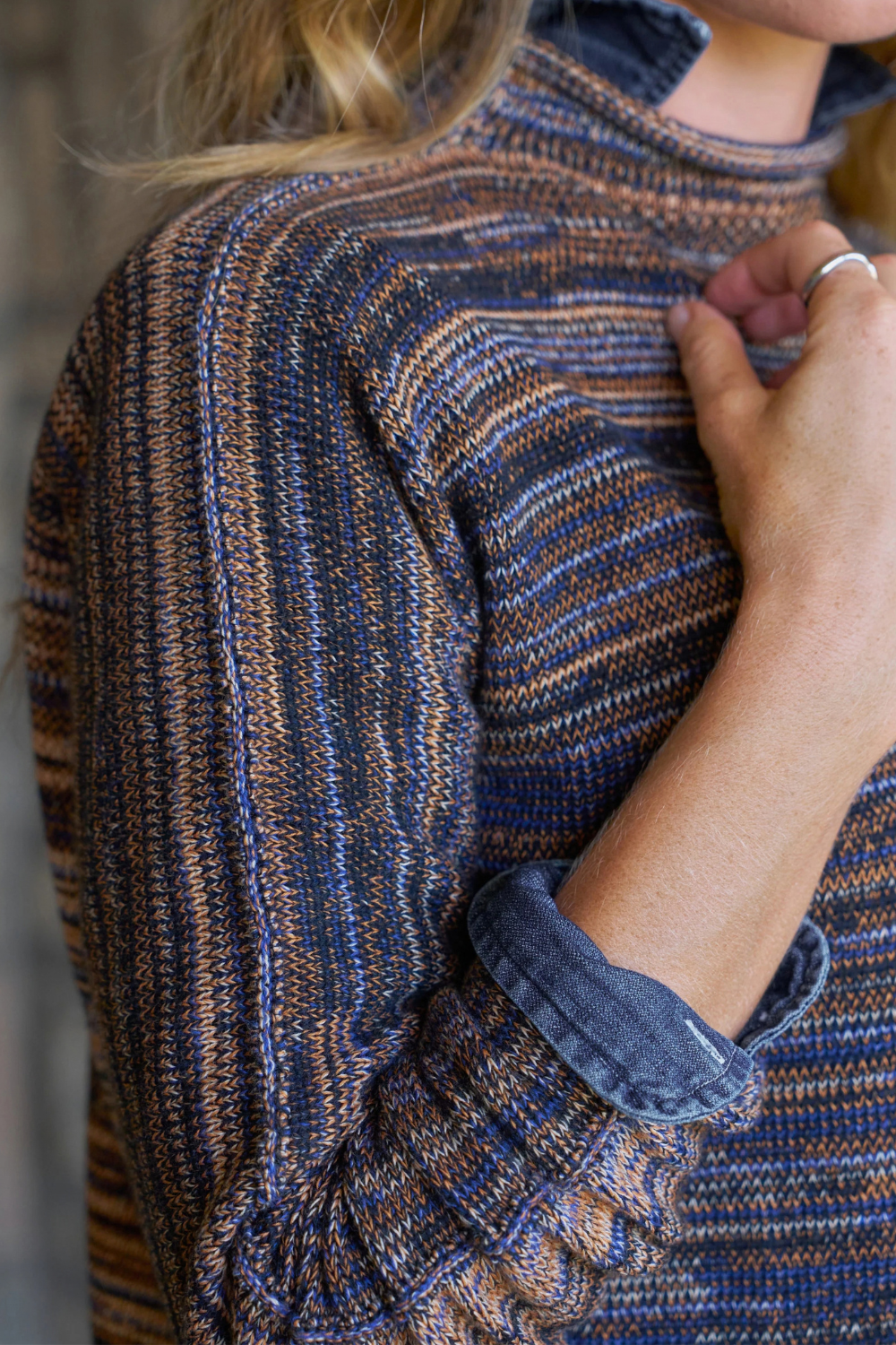 Model wearing Frank & Eileen Monterey Rolled Neck Sweater Harvest front/detail  view