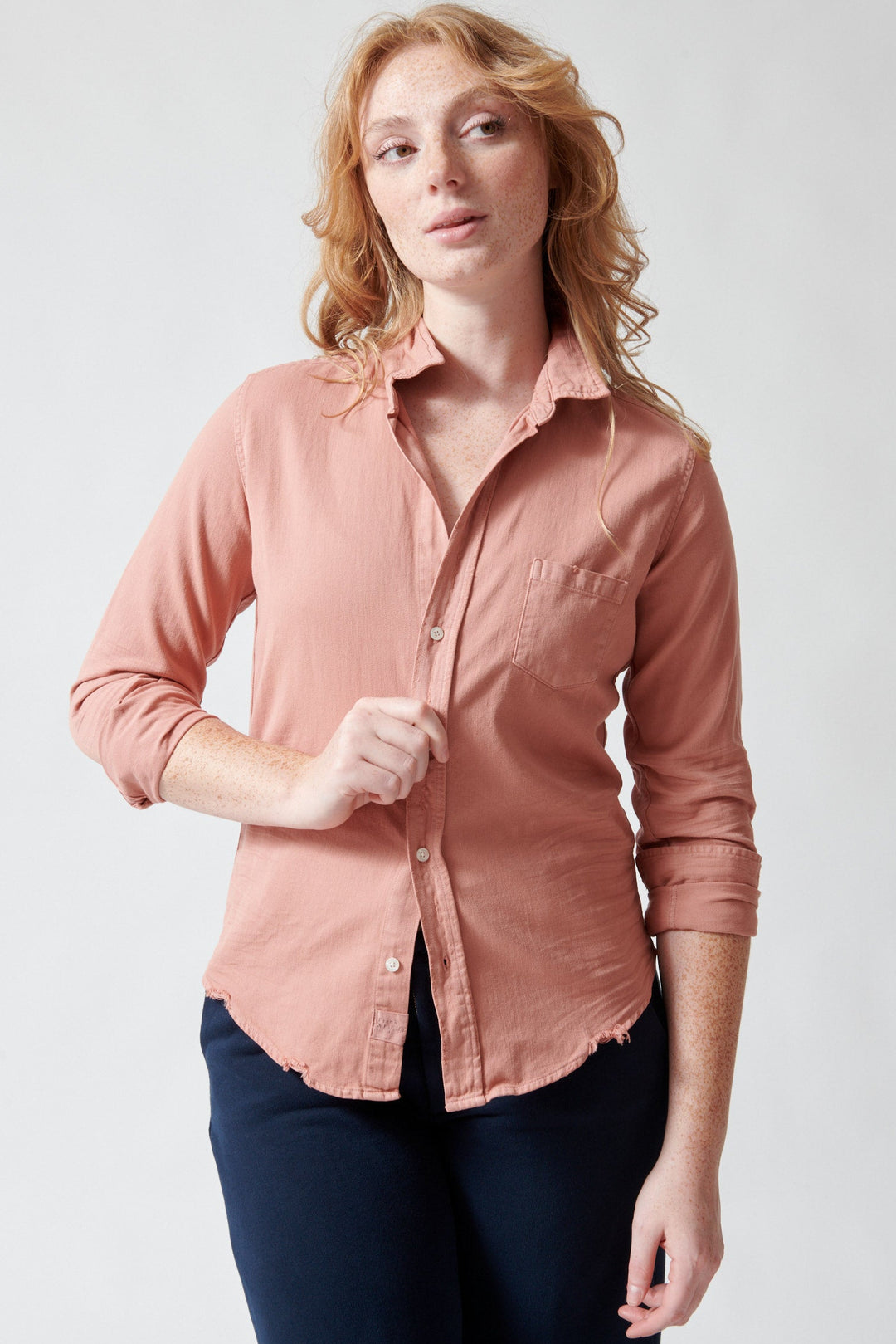 Waverly wearing Frank & Eileen Barry Tailored Button Up Shirt Adobe front view