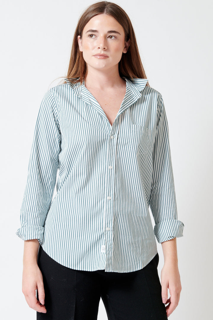 Model wearing Frank & Eileen Barry Tailored Button Up Shirt Multi Green Stripe front view