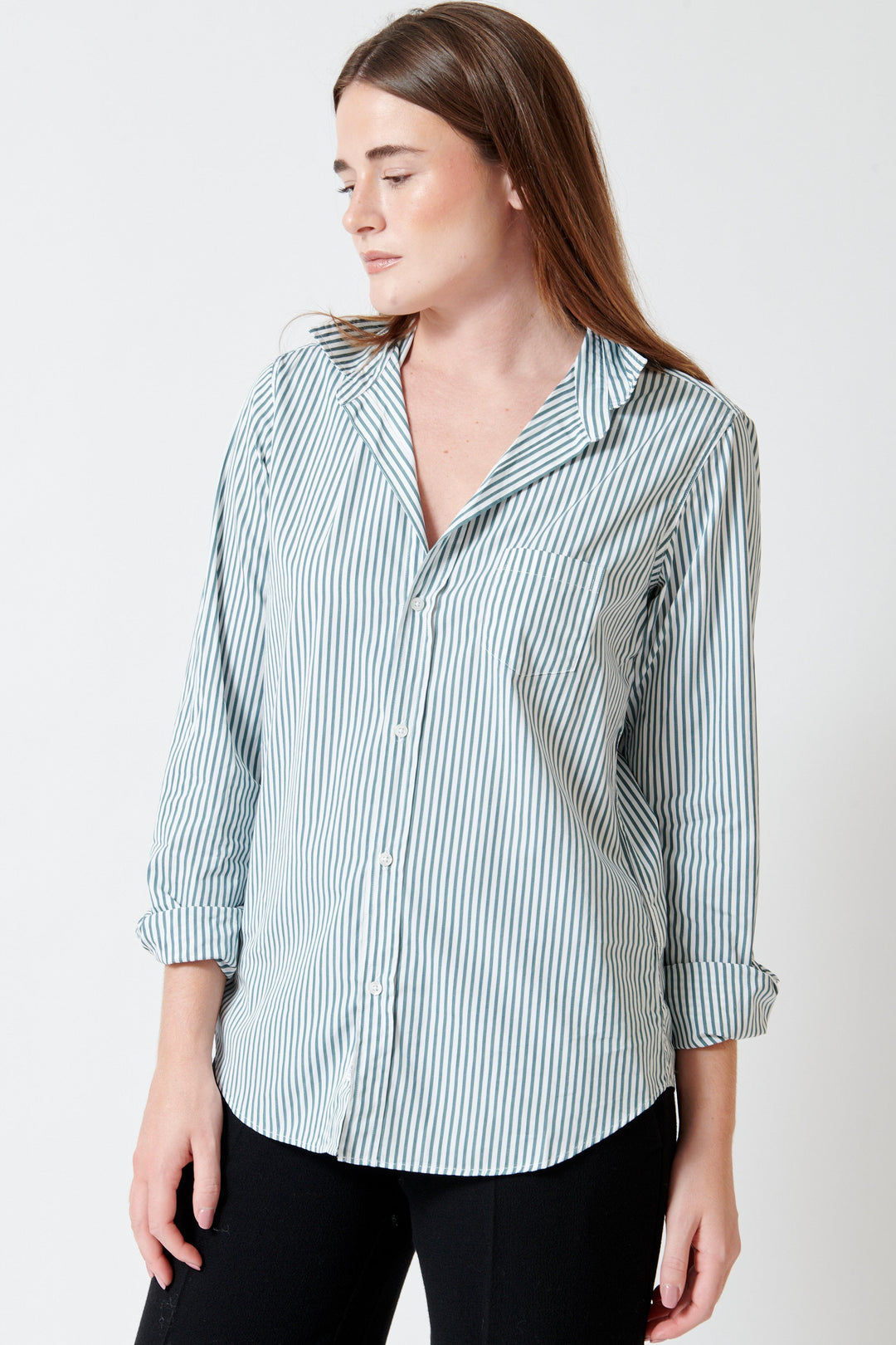 Model wearing Frank & Eileen Barry Tailored Button Up Shirt Multi Green Stripe front view