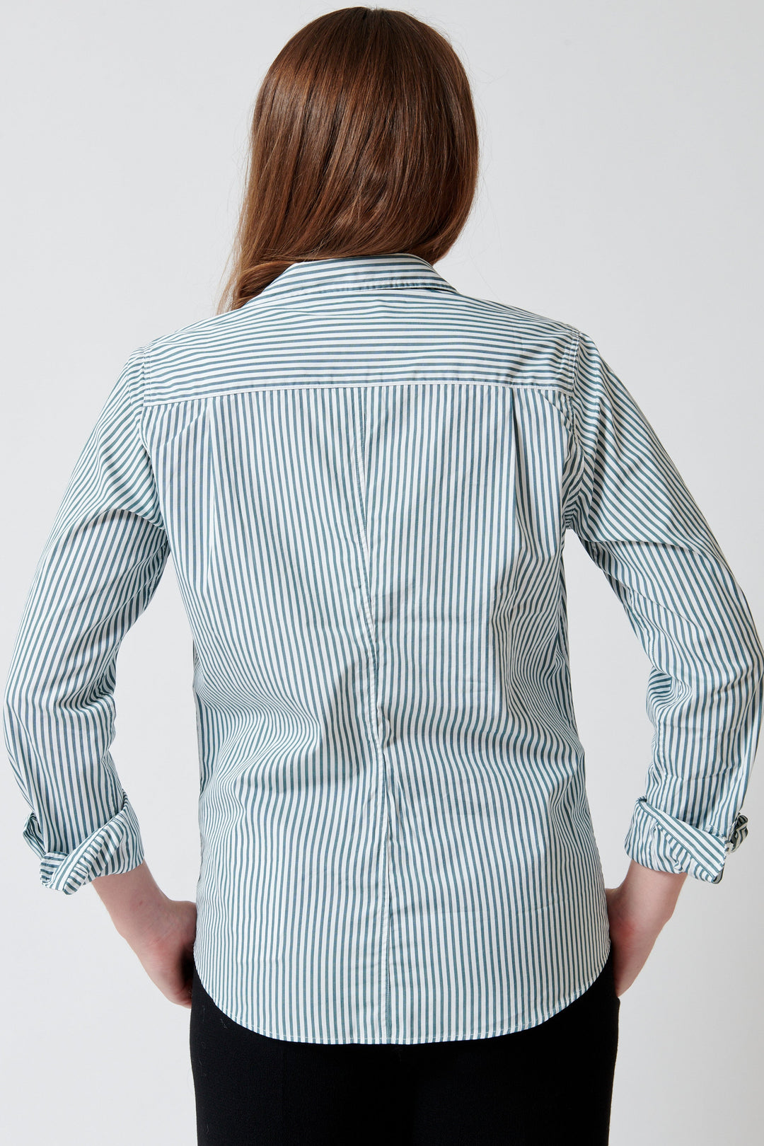 Model wearing Frank & Eileen Barry Tailored Button Up Shirt Multi Green Stripe rear view
