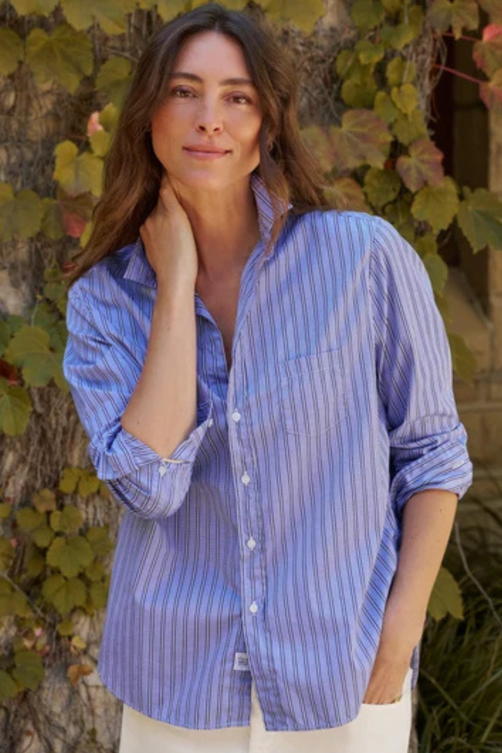 Model wearing Frank & Eileen Eileen Relaxed Button Up Shirt Multi Blue Stripe  front view