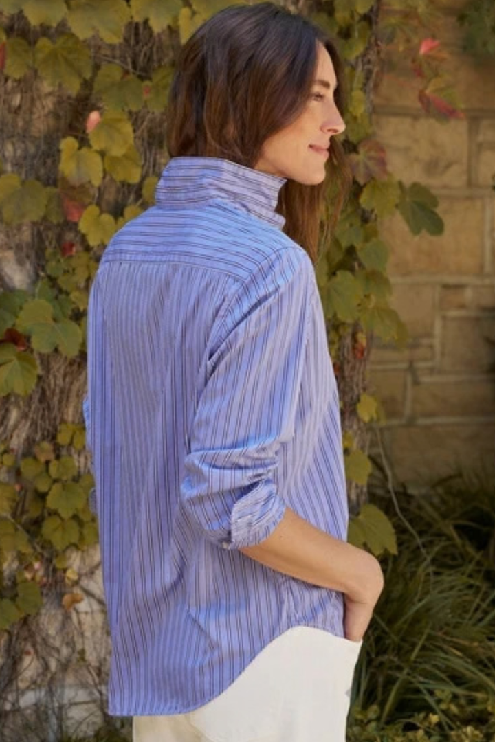 Model wearing Frank & Eileen Eileen Relaxed Button Up Shirt Multi Blue Stripe  rear view