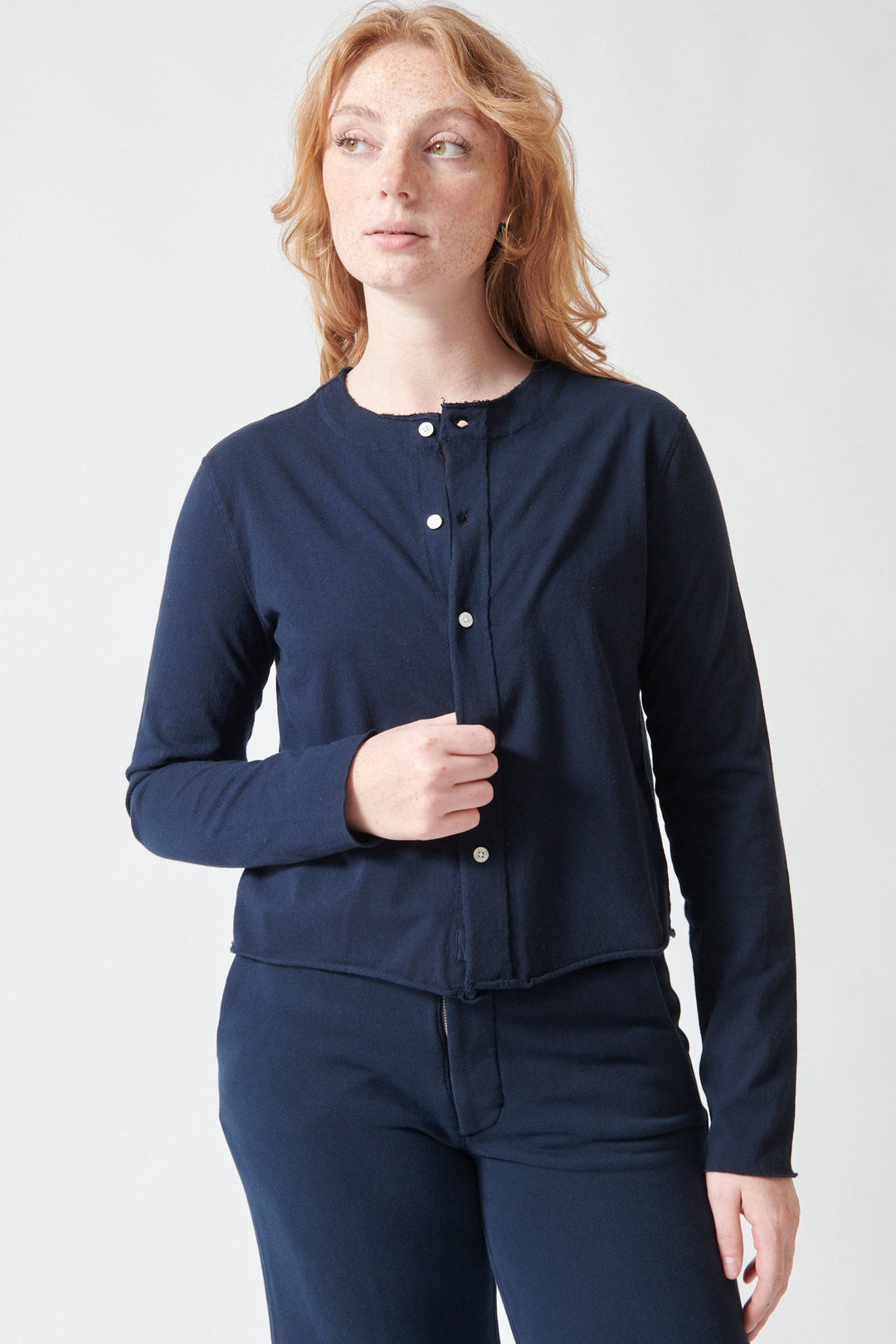 Waverly wearing Frank & Eileen Jackie T Shirt Cardigan Classic Navy front view