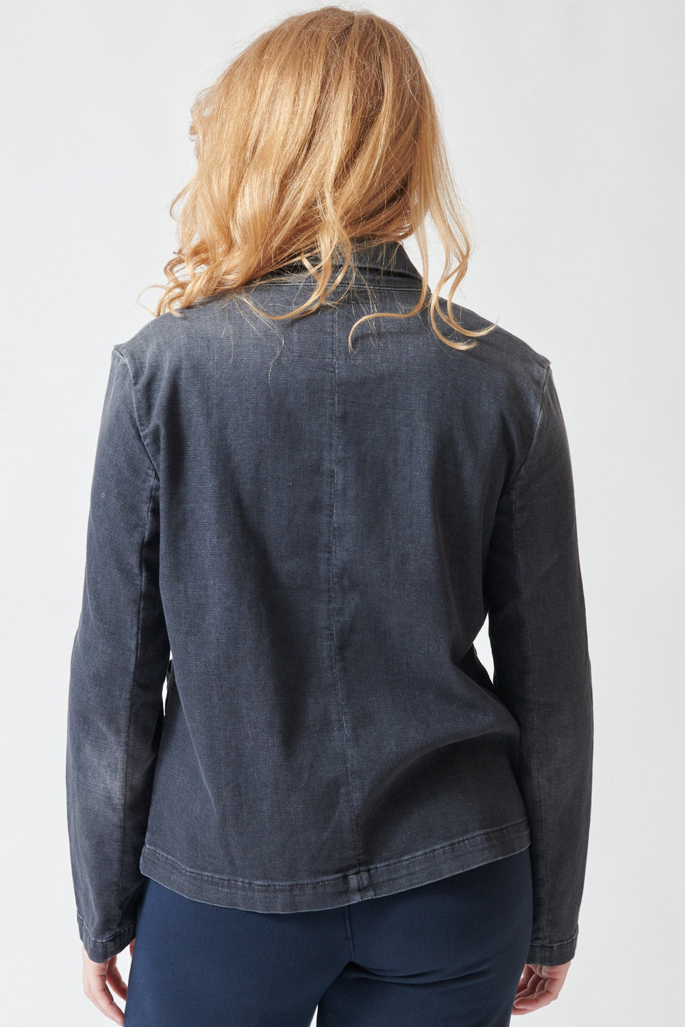 Waverly wearing Frank & Eileen Mini Belfast Cropped English Peacoat 1981 Wash rear view