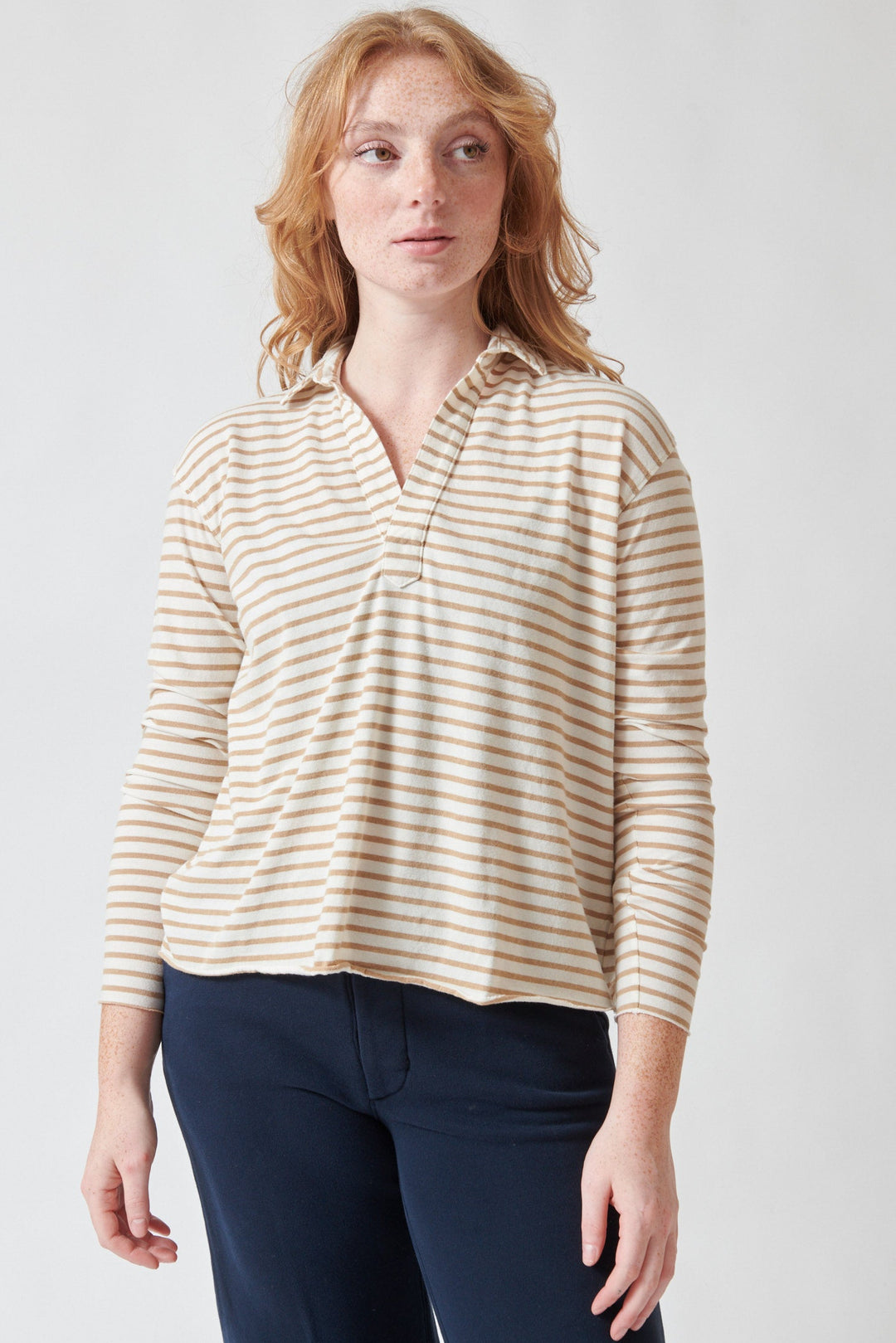 Waverly wearing Frank & Eileen Patrick Popover Henley Top Vintage White And Camel Stripe front view