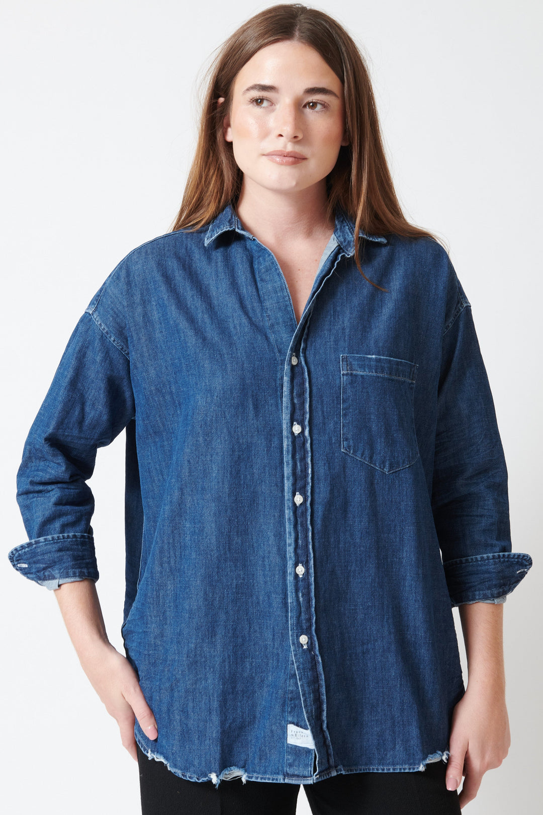 Model wearing Frank & Eileen Shirley Oversized Button Up Shirt front view