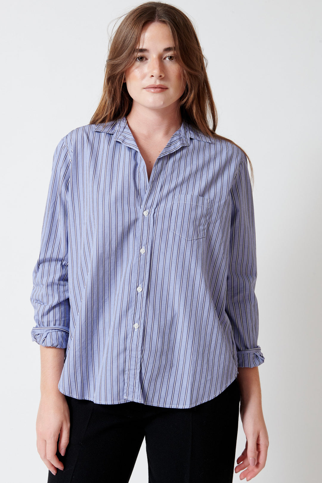 Model wearing Frank & Eileen Eileen Relaxed Button Up Shirt front view