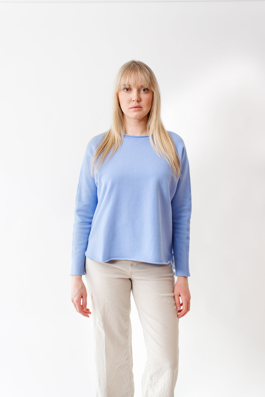 Bailey wearing Frank & Eileen Anna Long Sleeve Capelet front view