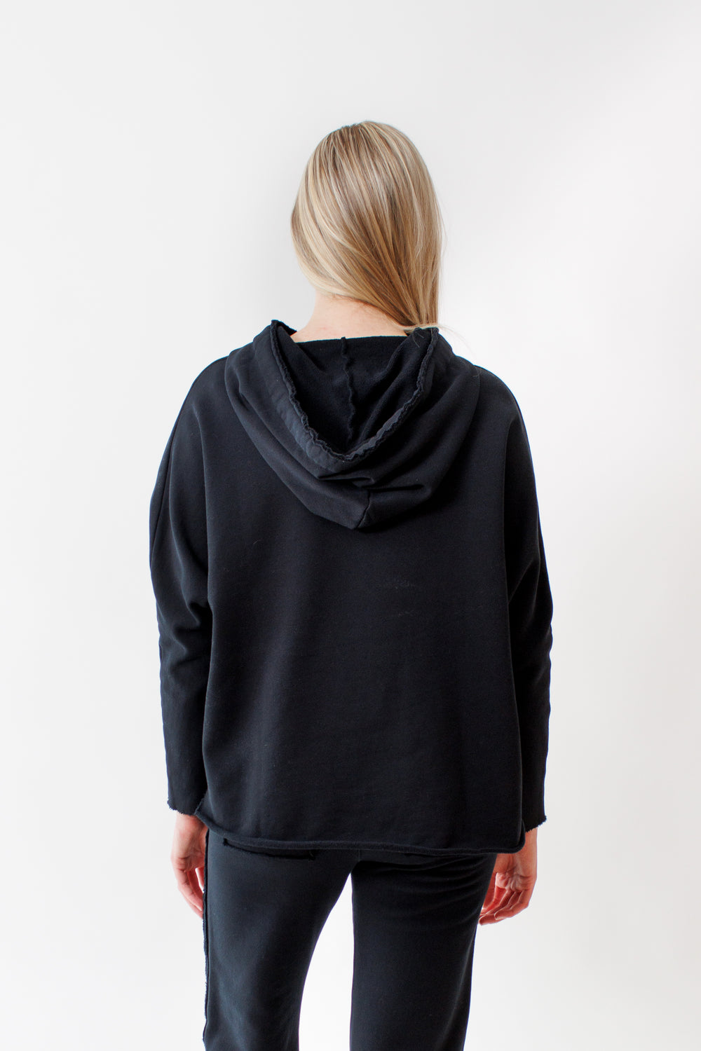 Bailey wearing Frank & Eileen Kane Capelet Hoodie rear view