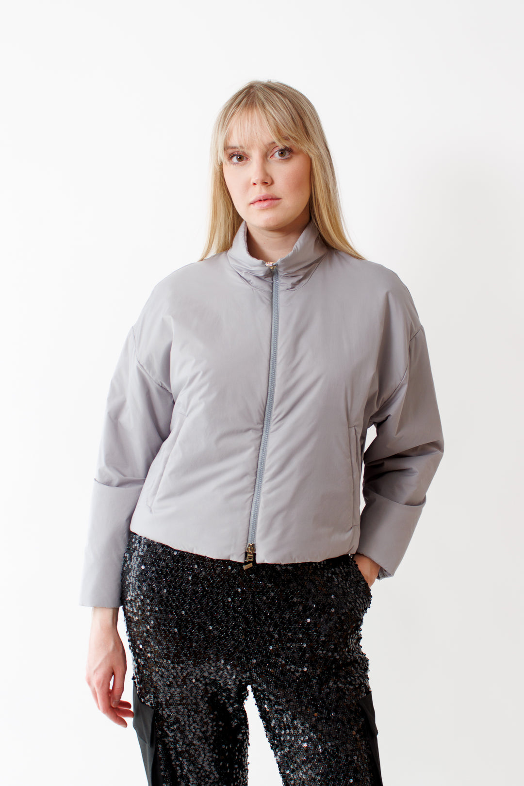 Bailey wearing Herno Zip Up Zip Down Matte Nylon Short Jacket front view