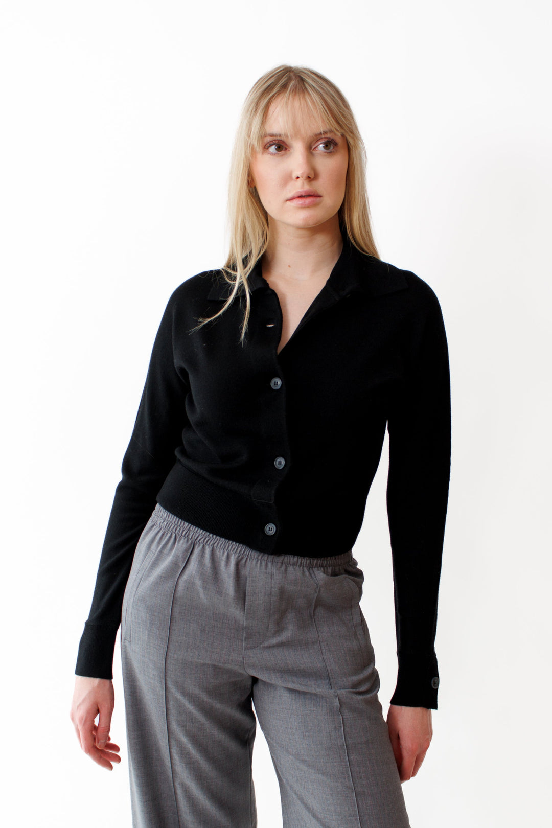 Bailey wearing WE-AR4 The Social Cardigan front view