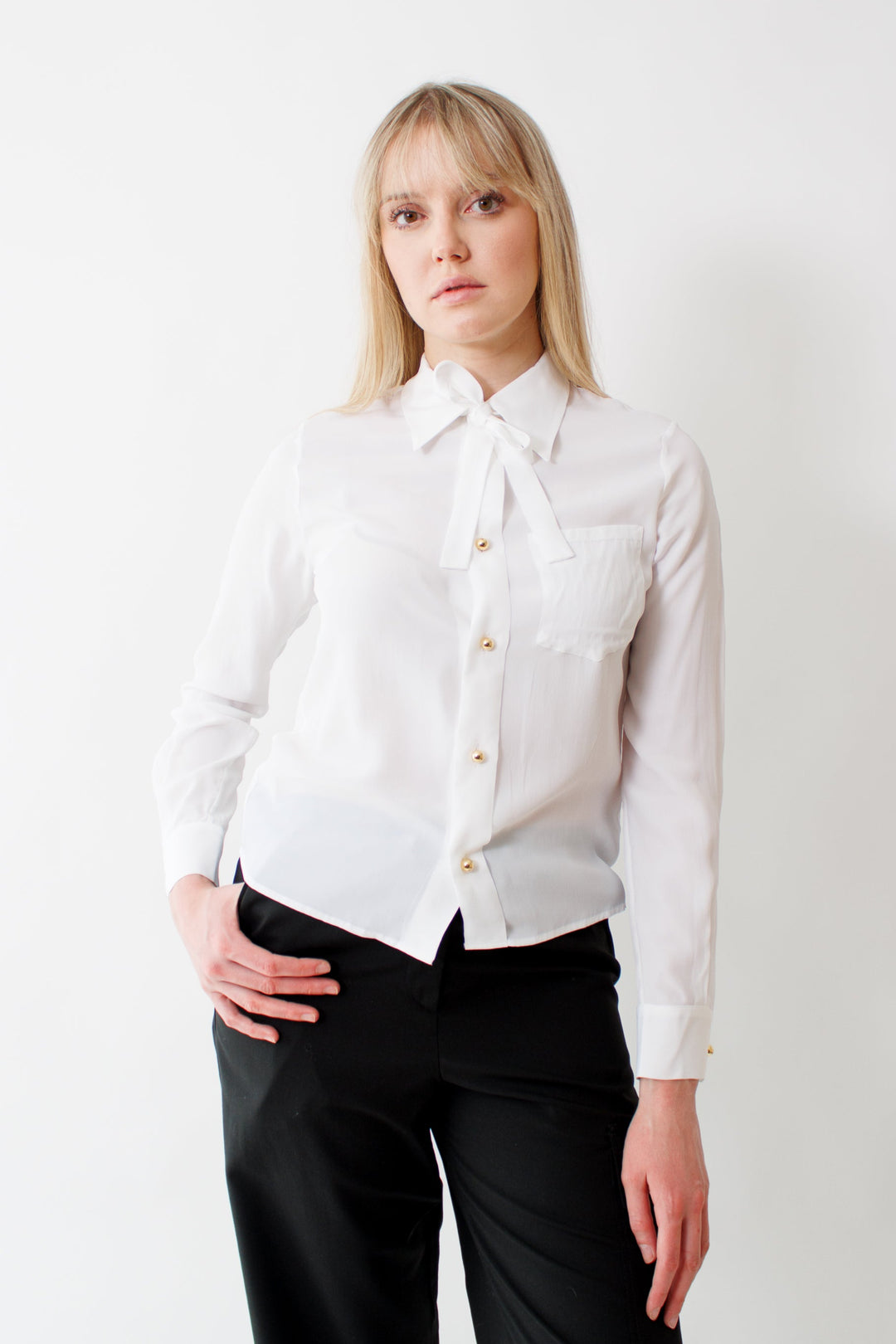 Bailey wearing The Academy Blouse White front view
