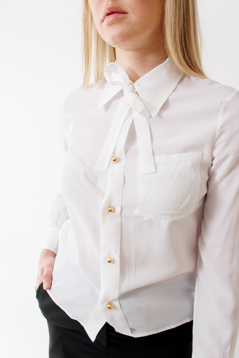 Bailey wearing The Academy Blouse White front view