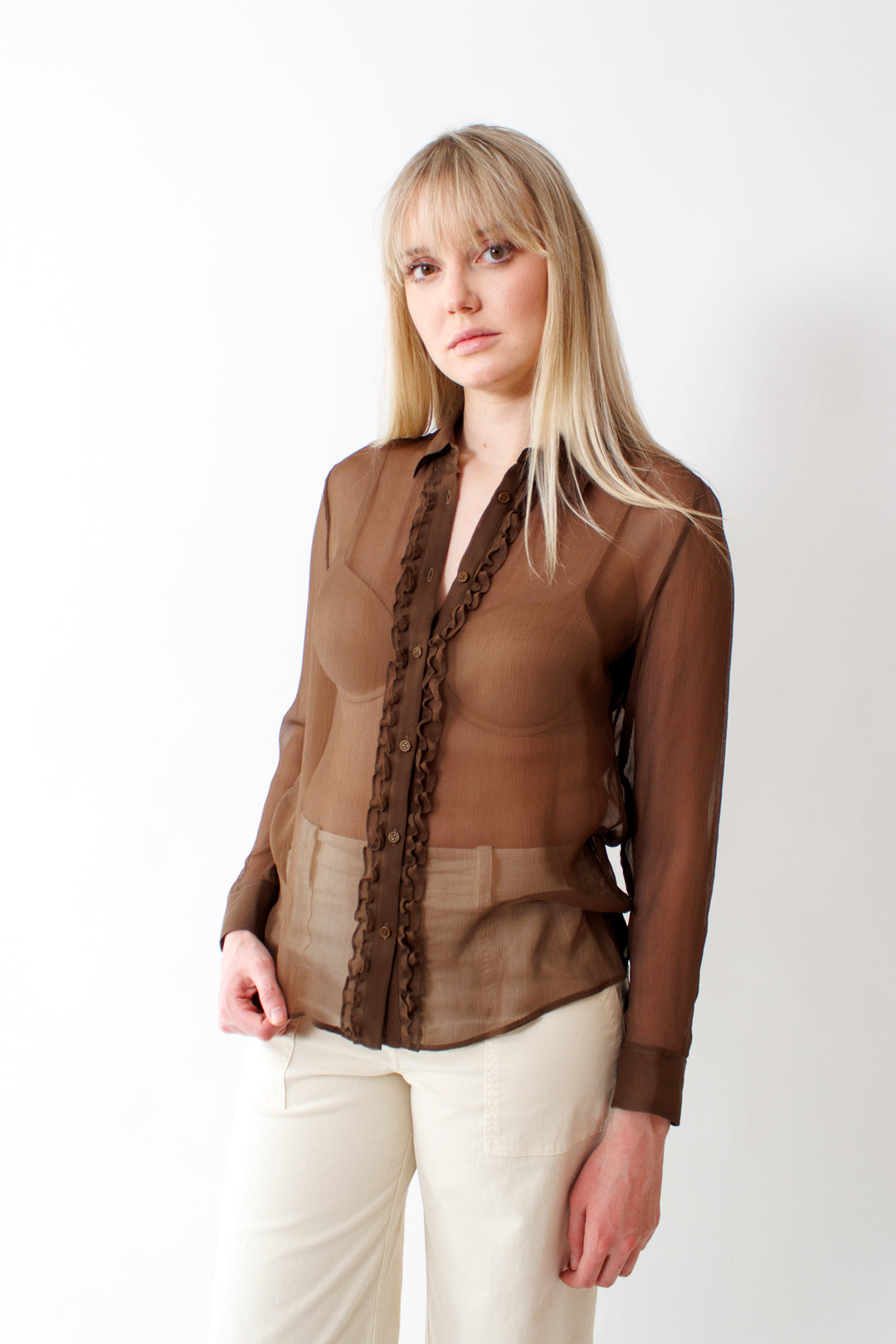 Bailey wearing Nili Lotan Kris Silk Shirt front view
