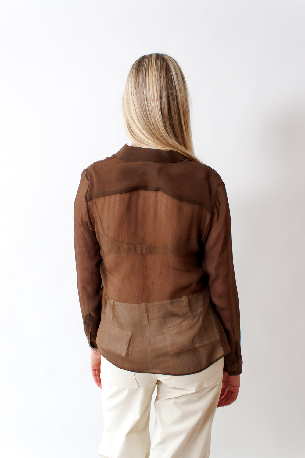 Bailey wearing Nili Lotan Kris Silk Shirt rear view