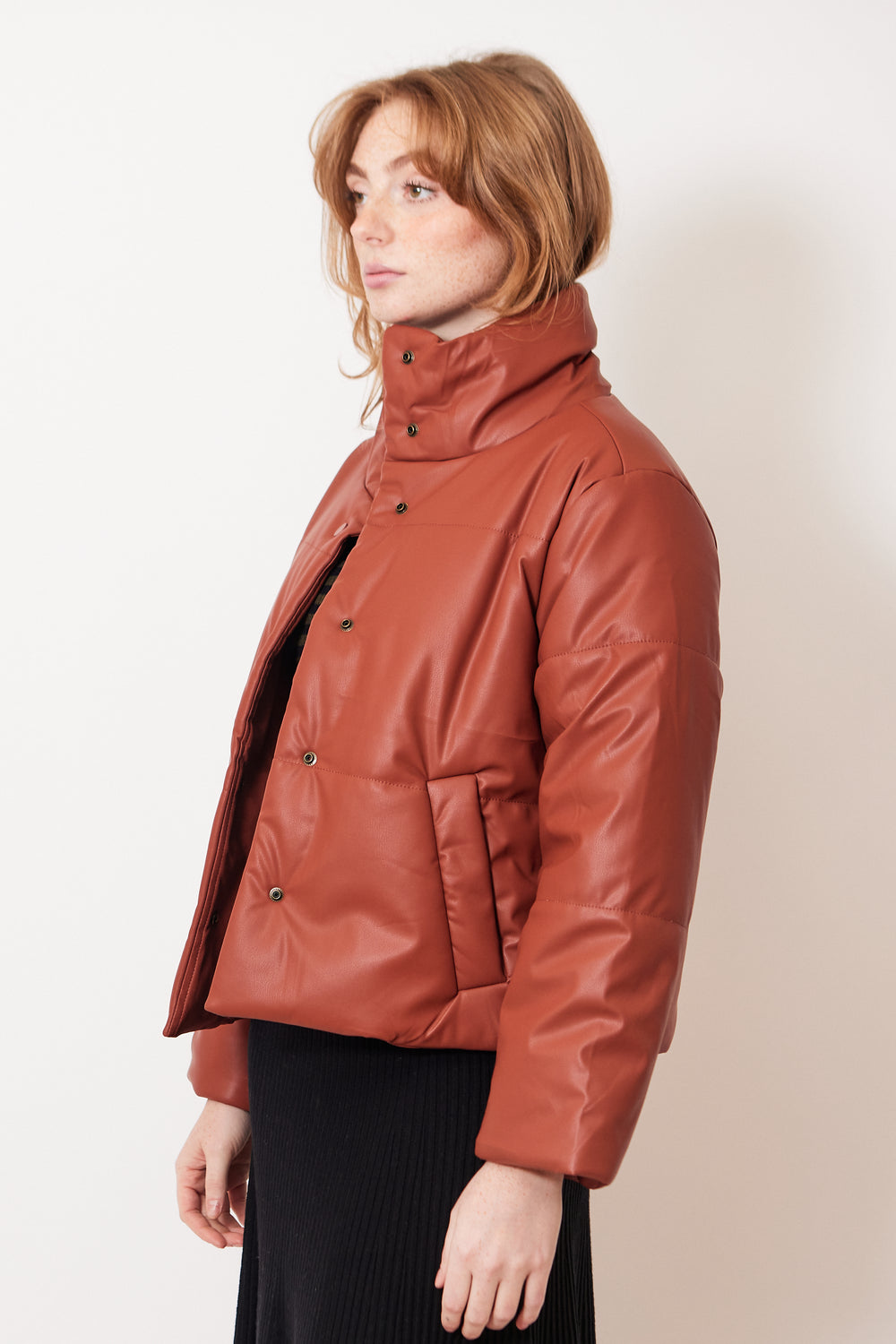 Waverly wearing Lilla P Faux Leather Channel Quilted Jacket front/side view