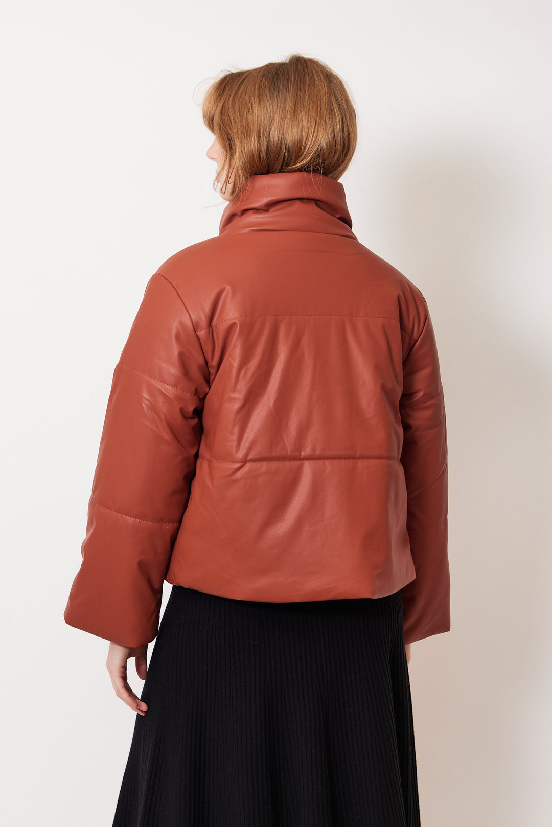 Waverly wearing Lilla P Faux Leather Channel Quilted Jacket rear view