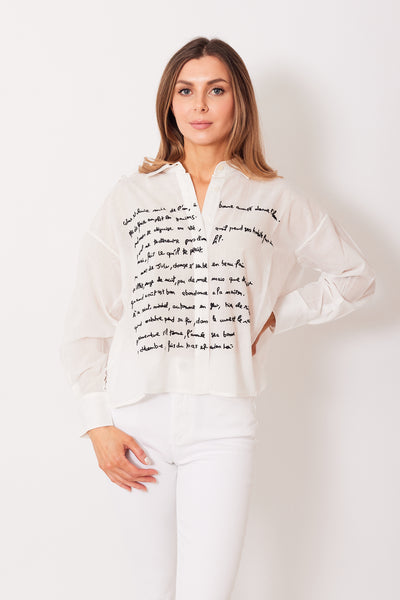 Mari wearing Mii Hand Embroidered Greta Shirt front view