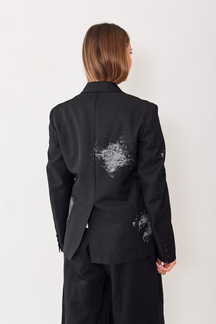 Mari wearing Comme des Garçons Mens Woven Grey Painted Jacket rear view