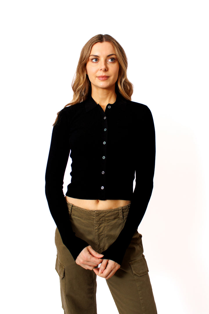 Mari wearing The Garment Madison Tight Polo Tee Sweater front view