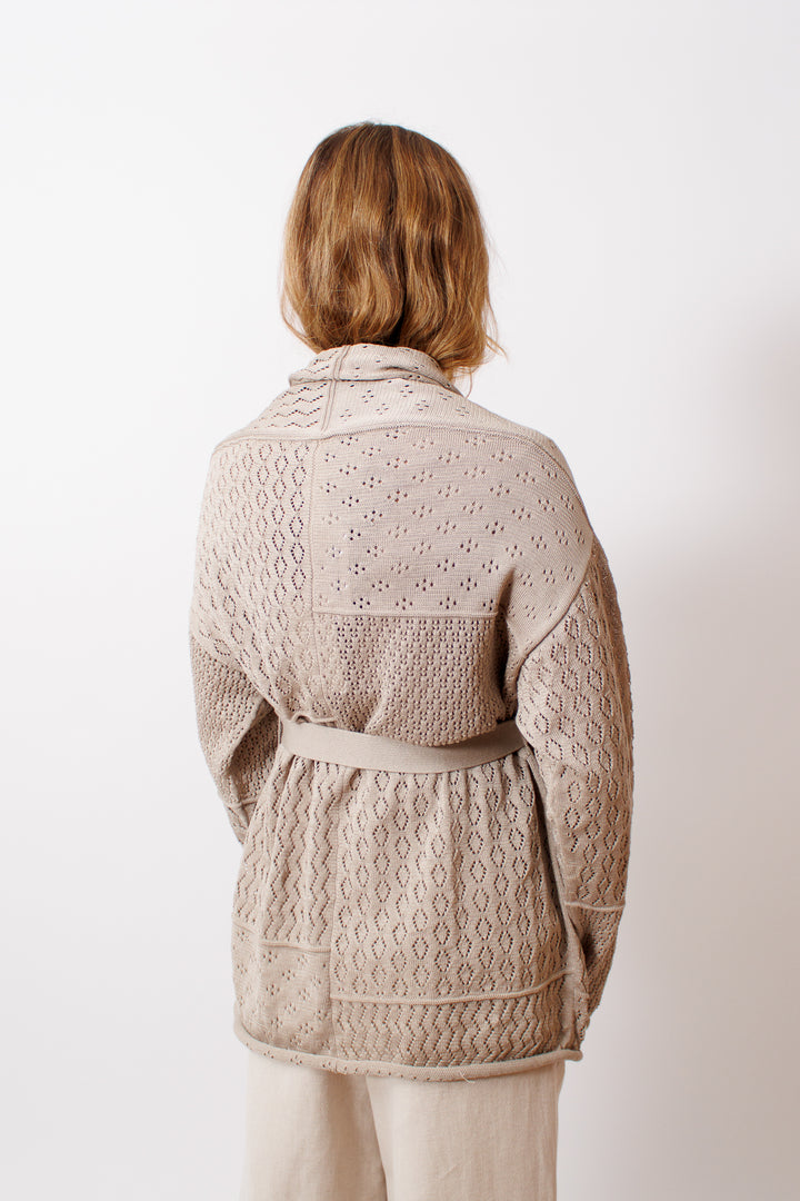 Mari wearing Lauren Manoogian Mix Pointelle Cardigan rear view