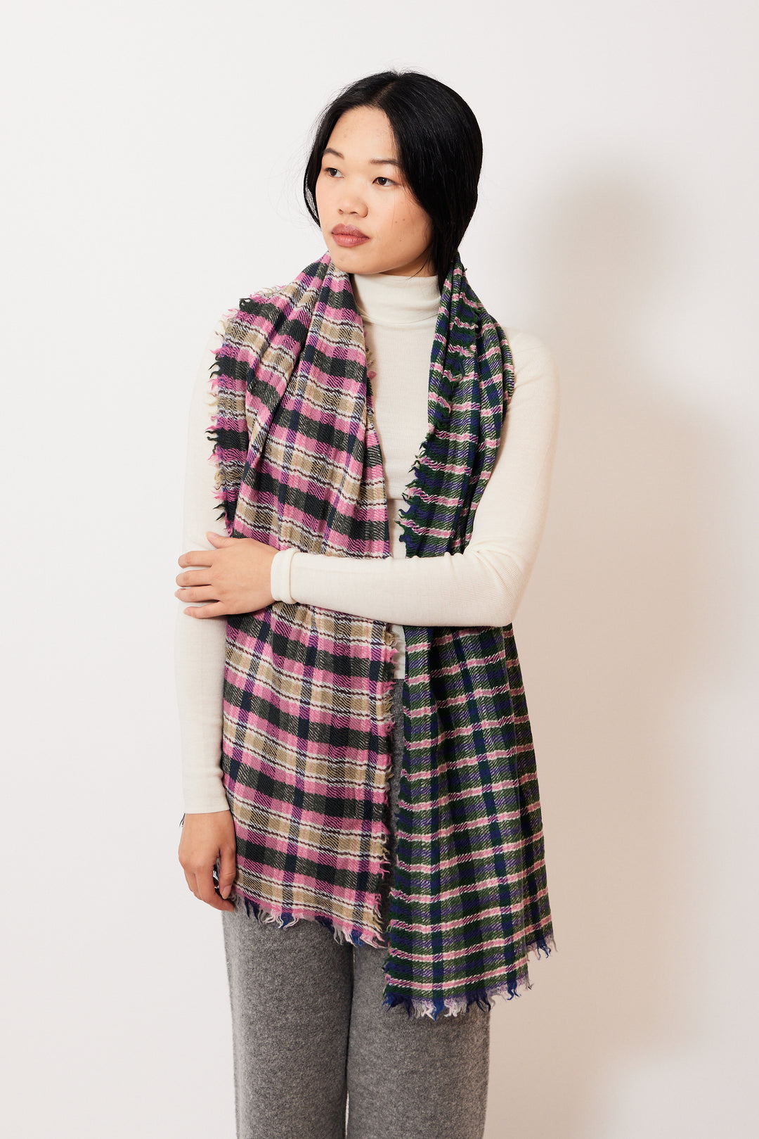 Madelyn wearing Épice Check Scarf front view