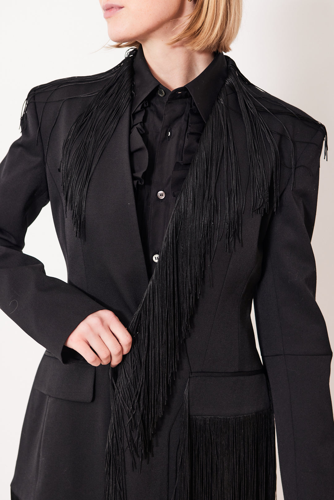 Madi wearing MM6 Maison Margiela Tailoring Wool Fitted Fringe Jacket front view