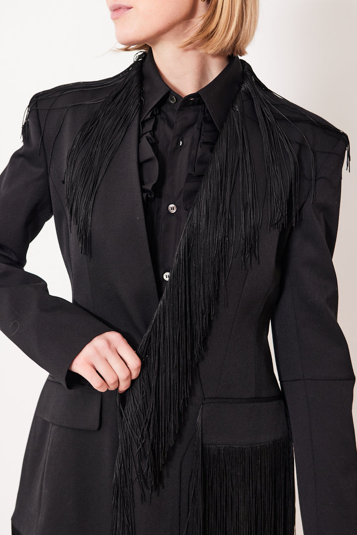 Madi wearing MM6 Maison Margiela Tailoring Wool Fitted Fringe Jacket front view