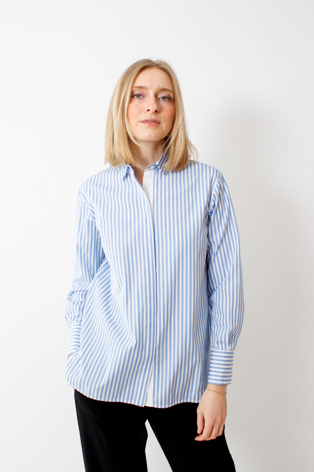 Madi wearing Rosso 35 Stripe Shirt front view
