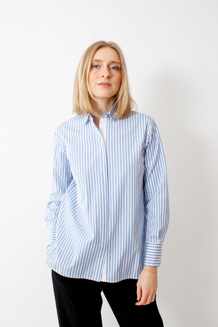 Madi wearing Rosso 35 Stripe Shirt front view