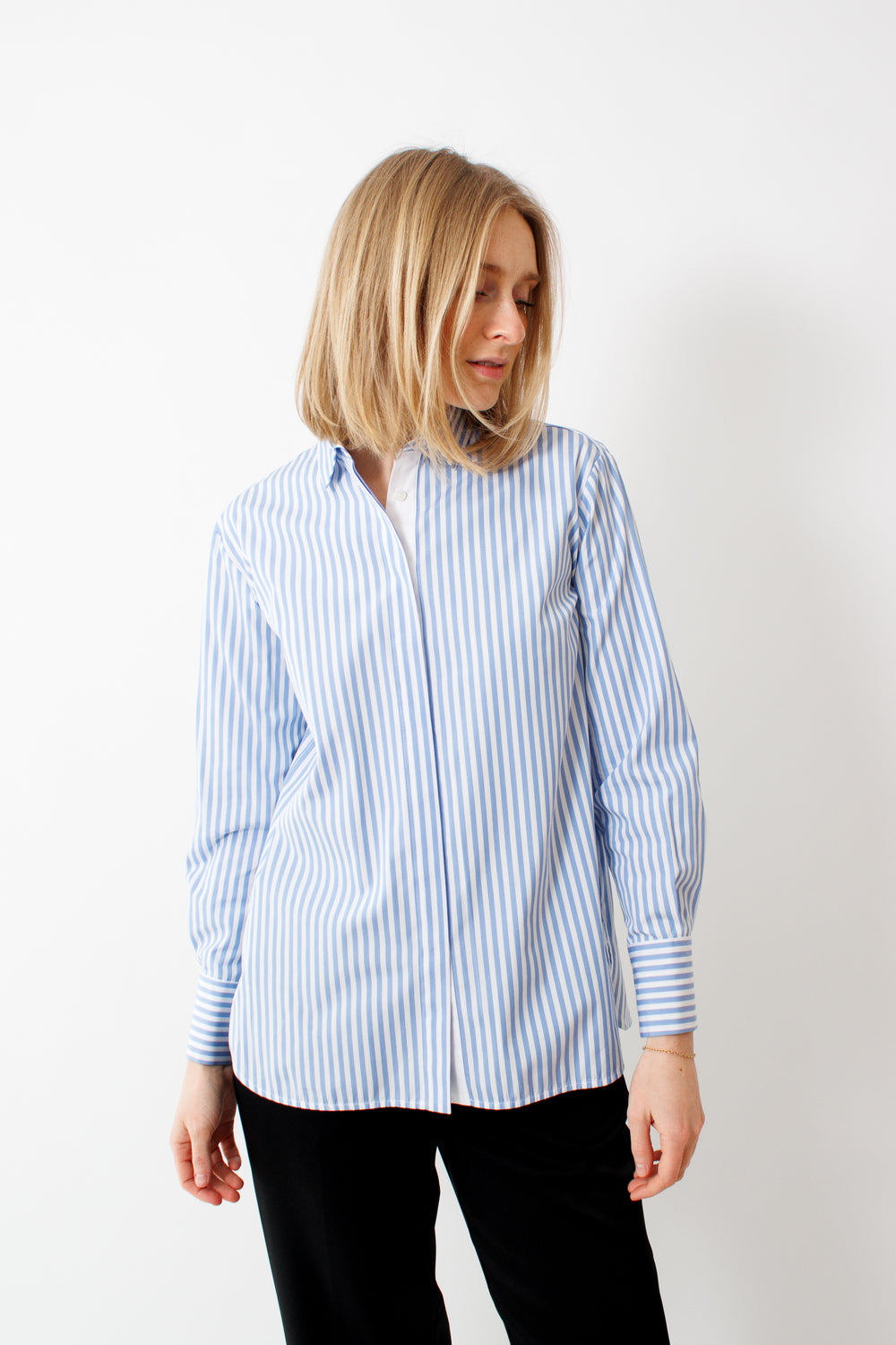 Madi wearing Rosso 35 Stripe Shirt front view