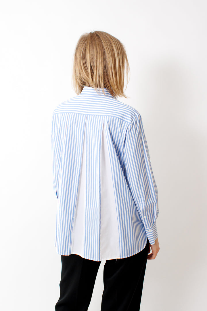 Madi wearing Rosso 35 Stripe Shirt rear view