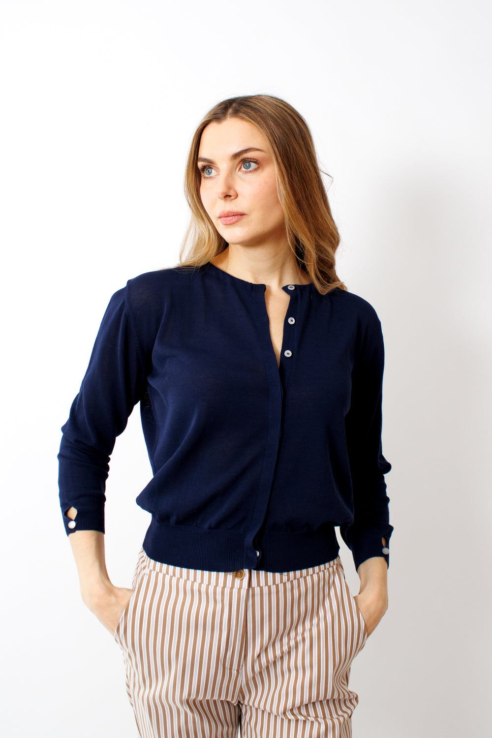 Mari wearing Rosso 35 Light Weight Cardigan front view