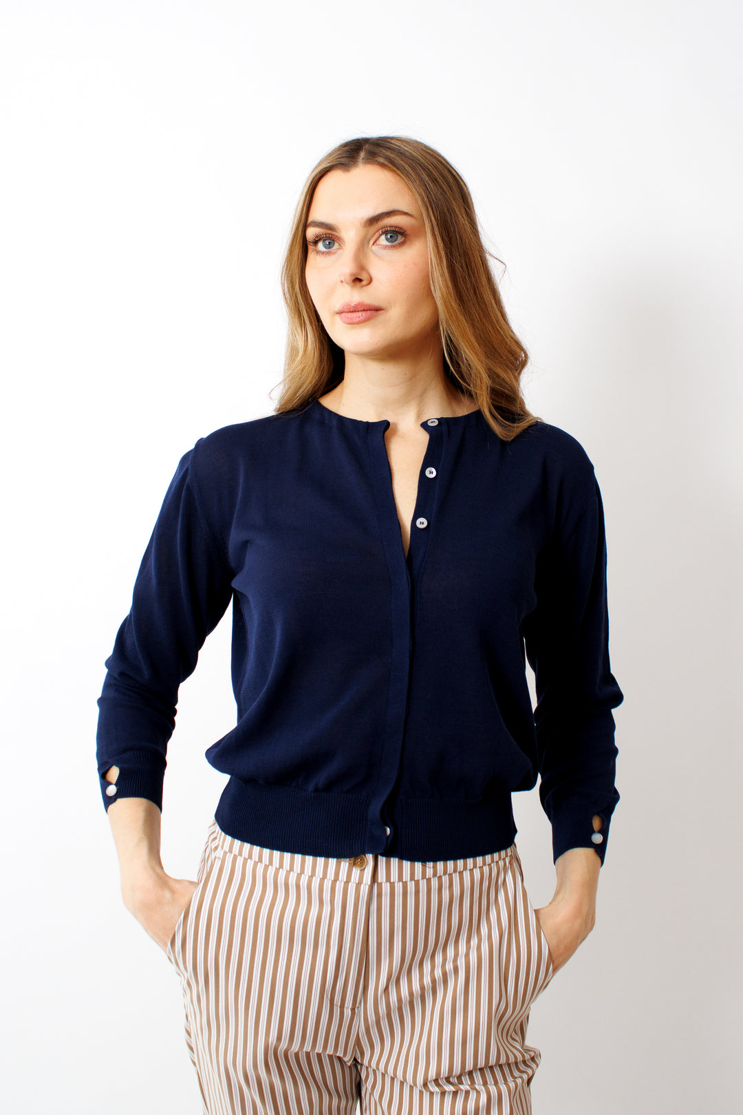 Mari wearing Rosso 35 Light Weight Cardigan front view
