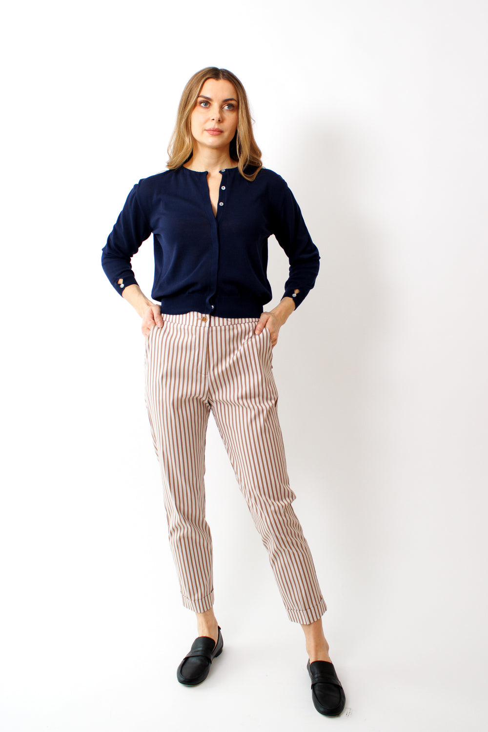 Mari wearing Rosso 35 Stripe Pull On Pant front view