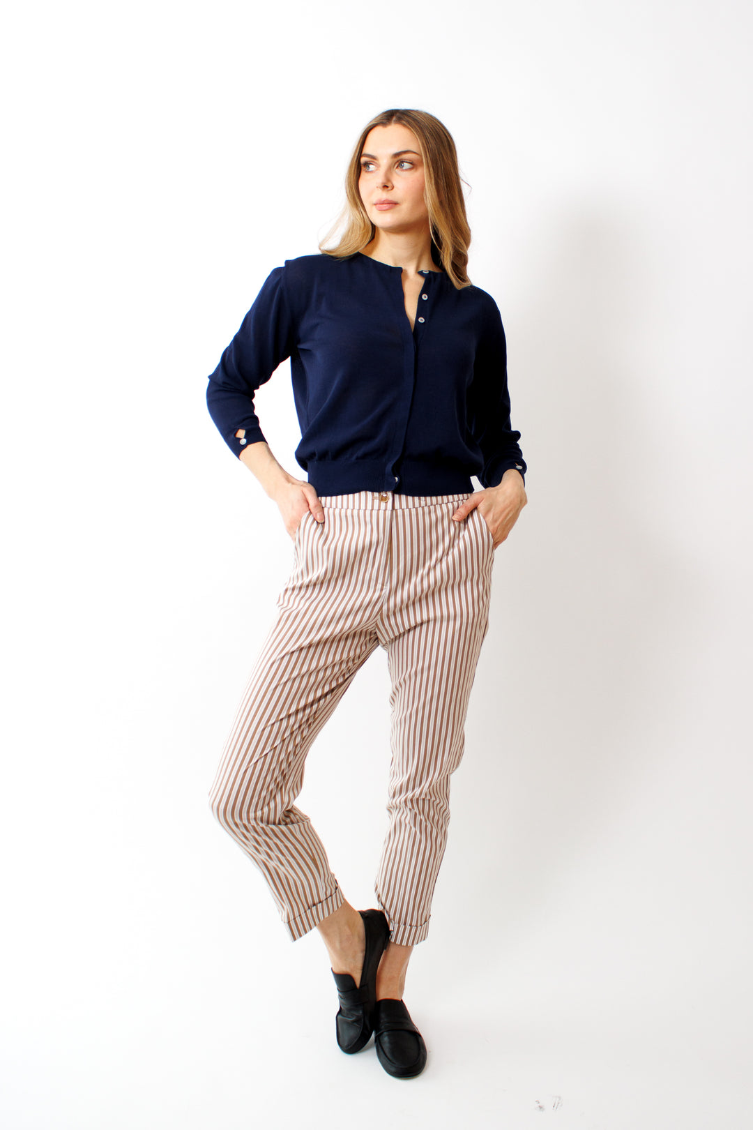 Mari wearing Rosso 35 Stripe Pull On Pant front view