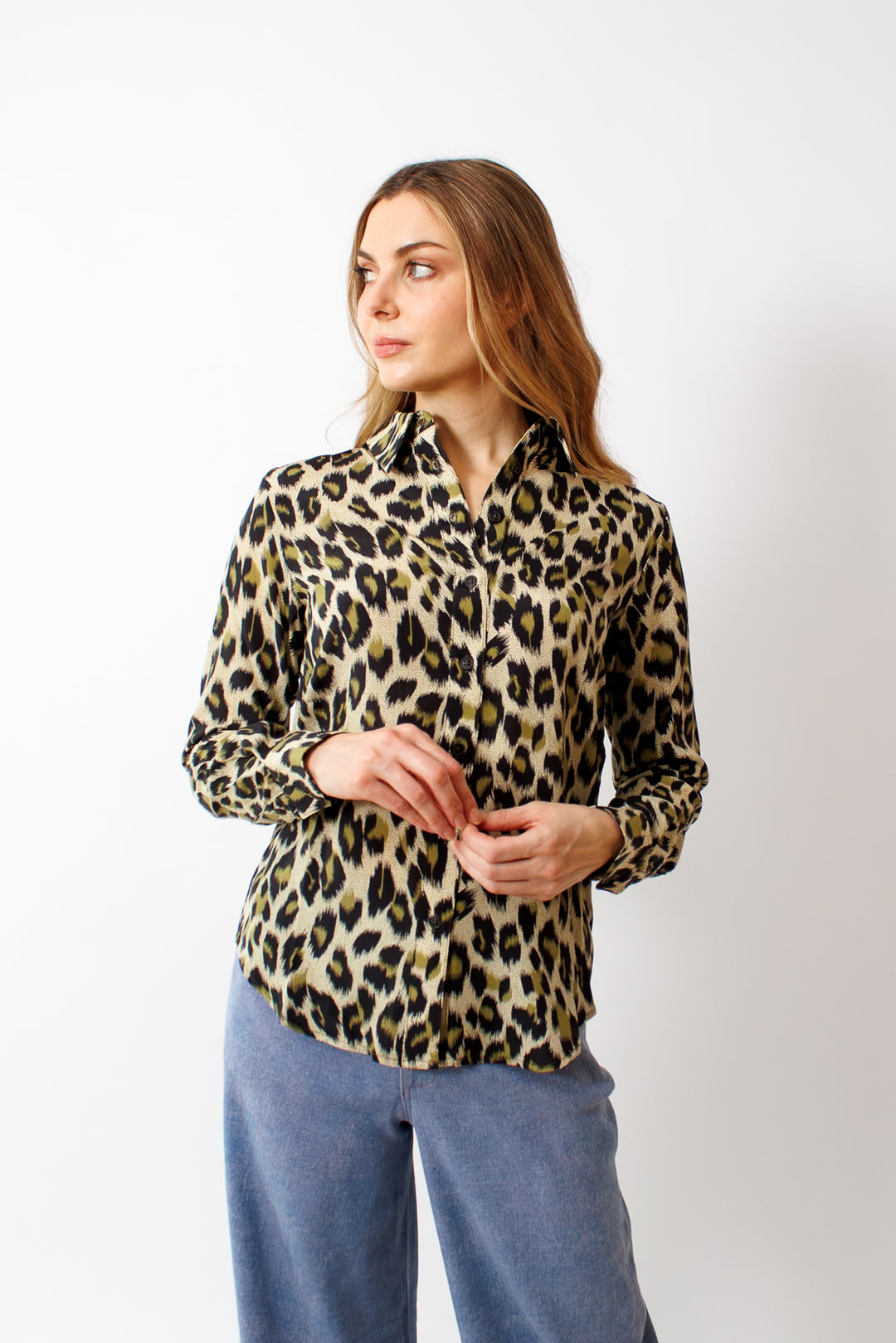 Mari wearing SPRWMN Fitted Button Up front view