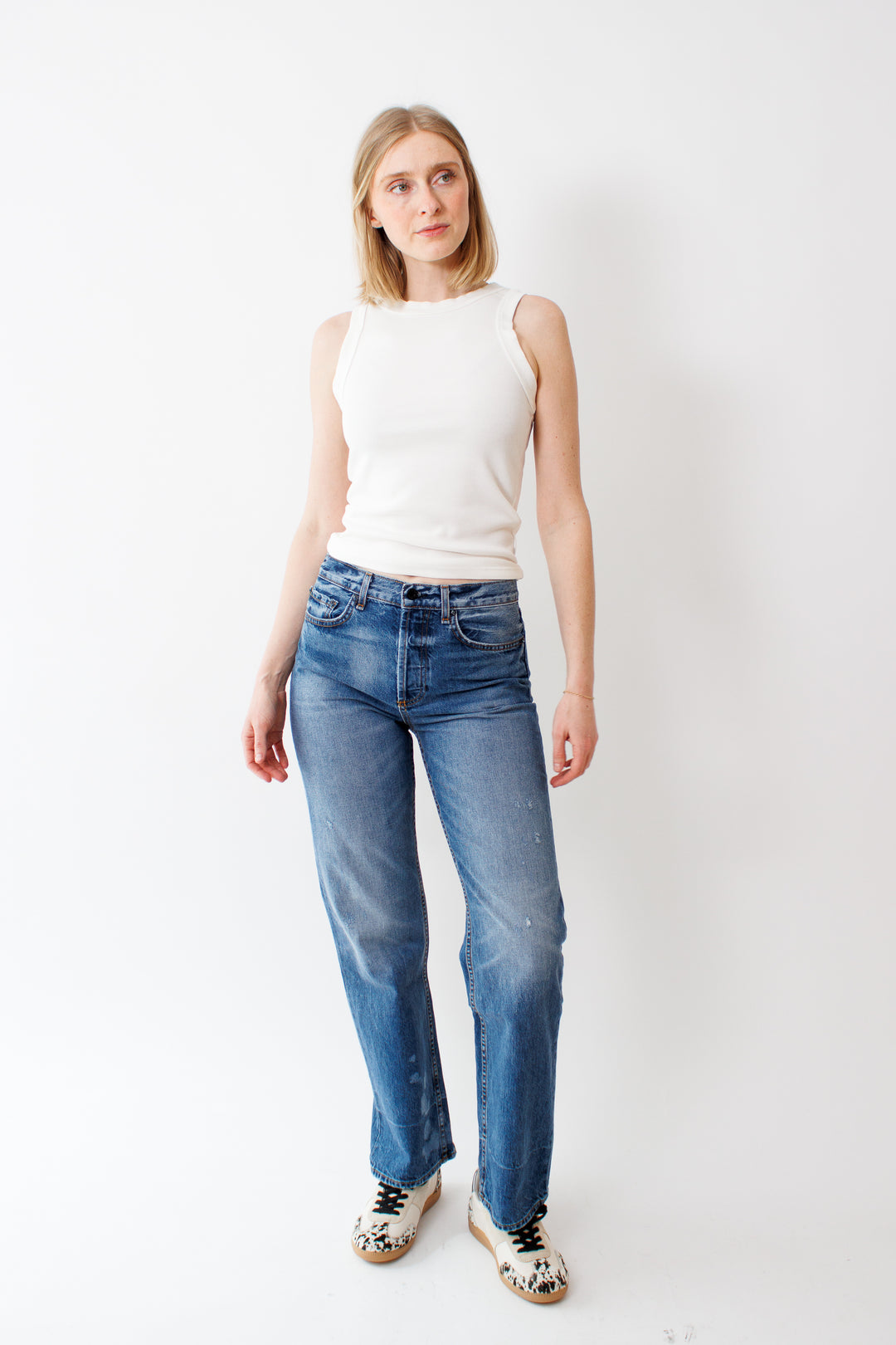 Madi wearing ASKK NY Rosebowl Jean front view