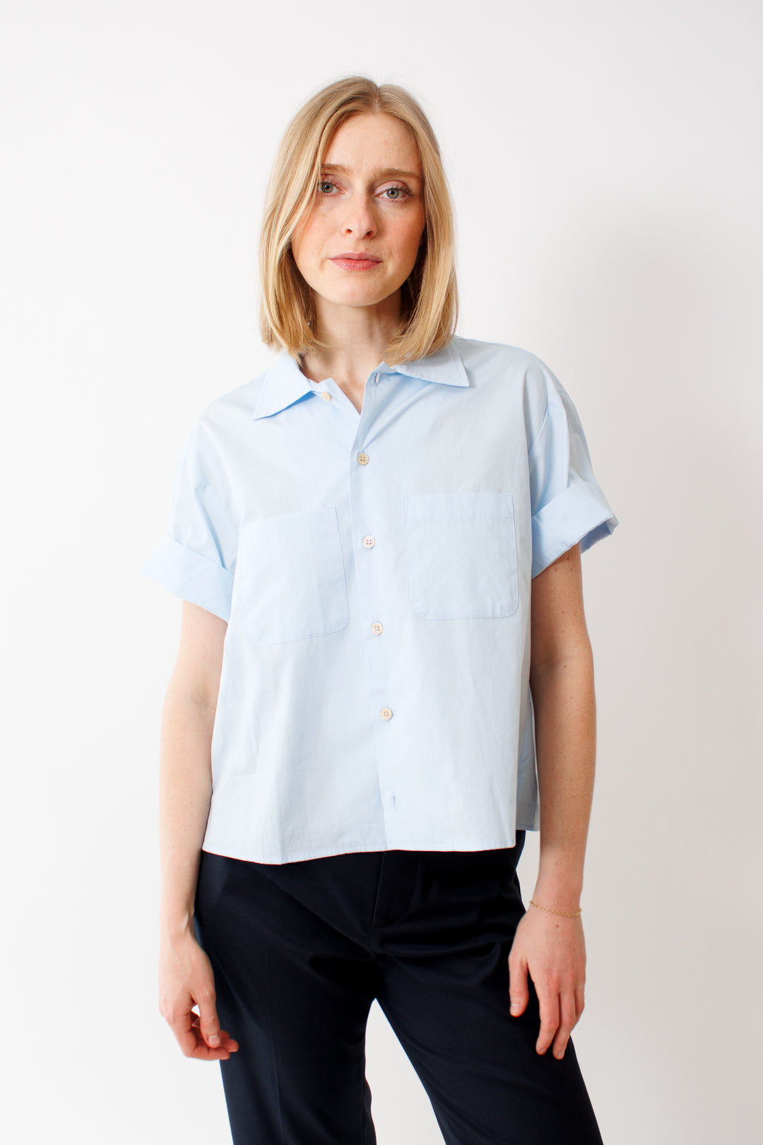 Madi wearing Jamie Haller The Camp Shirt Baby Blue front view