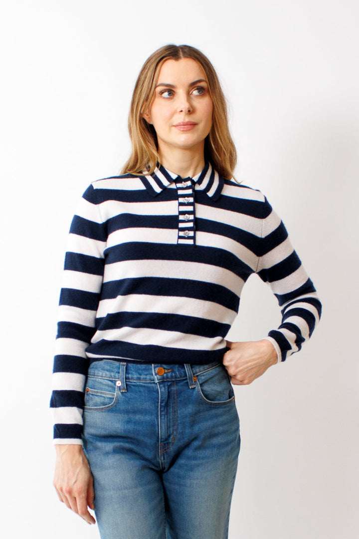 Mari wearing Jumper 1234 Mixed Stripe Polo front view 