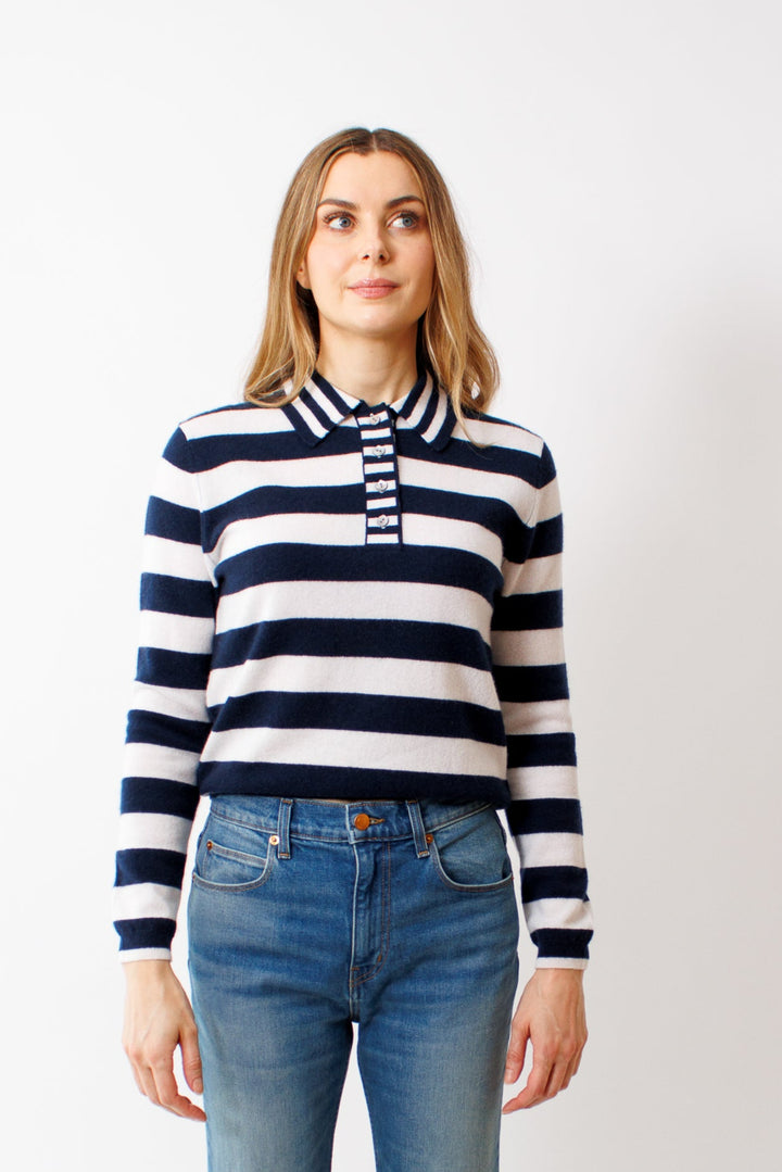 Mari wearing Jumper 1234 Mixed Stripe Polo front view 