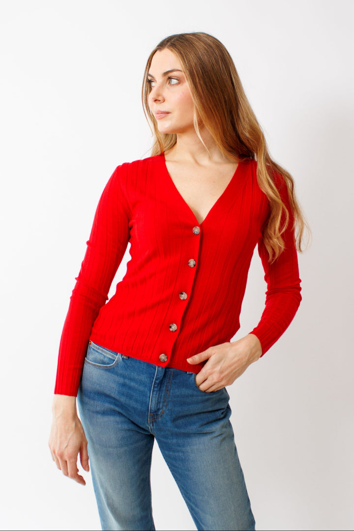 Mari wearing Allude Lightweight Virgin Wool Wide Rib Cardigan front view 